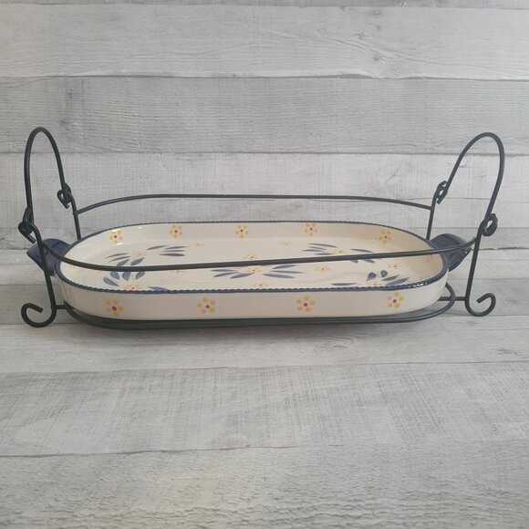 Temptations by Tara Old World Blue Ceramic Casserole w Stand - Picture 2 of 11